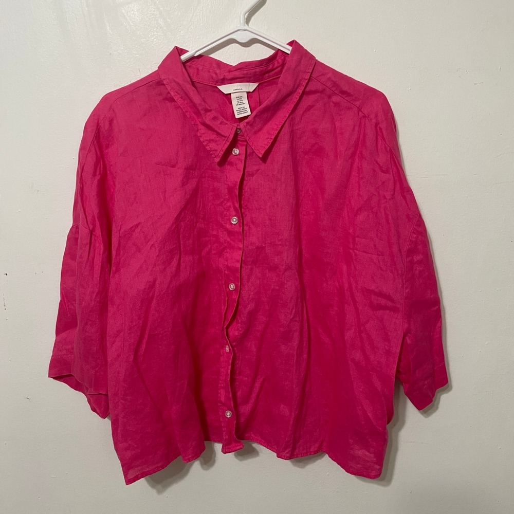 H&M 100% Linen Fuchsia Cropped Button-Down Shirt